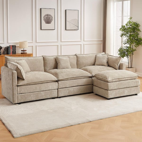 GOJANE 112.2 in. Square Arm L-Shaped Chenille Deluxe Pillow-Styled Modular Sectional Sofa in. Coffee with 1 Ottoman 2187Coffee-3+1