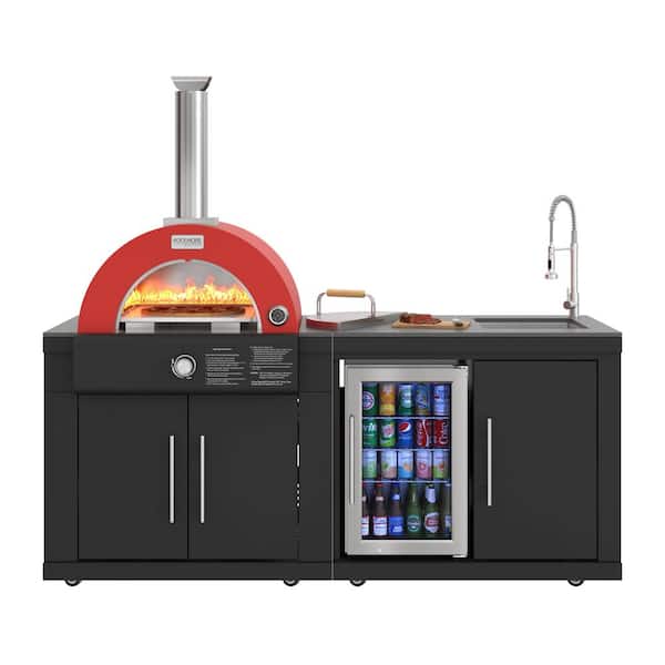 Outdoor Kitchen Suite with 22 in. Gas and Wood Fired Pizza Oven Grill Island, 34,000 BTU, Sink, Fridge, in Black