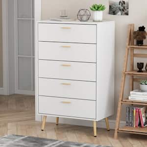5-Drawer White Wood Chest of Drawer Accent Storage Cabinet Organizer with Metal Leg 27.4 in. W x 15.7 in. D x 45 in. H