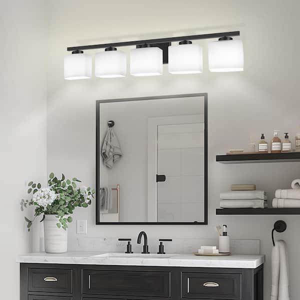 40 in. 5 Light Matte Black Modern Square Vanity Light with Milk White Glass Shades for Large Mirror in Bathroom