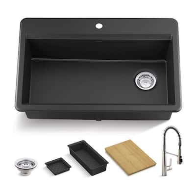 Lassen 33 in. Drop-in Single Bowl Granite Composite Kitchen Workstation Sink in Matte Black with Faucet