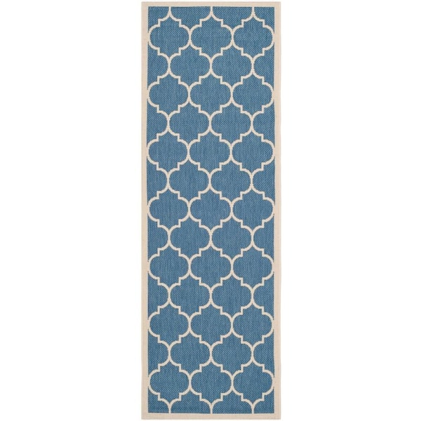 SAFAVIEH Courtyard Blue/Beige 2 ft. x 10 ft. Geometric Indoor/Outdoor Patio  Runner Rug