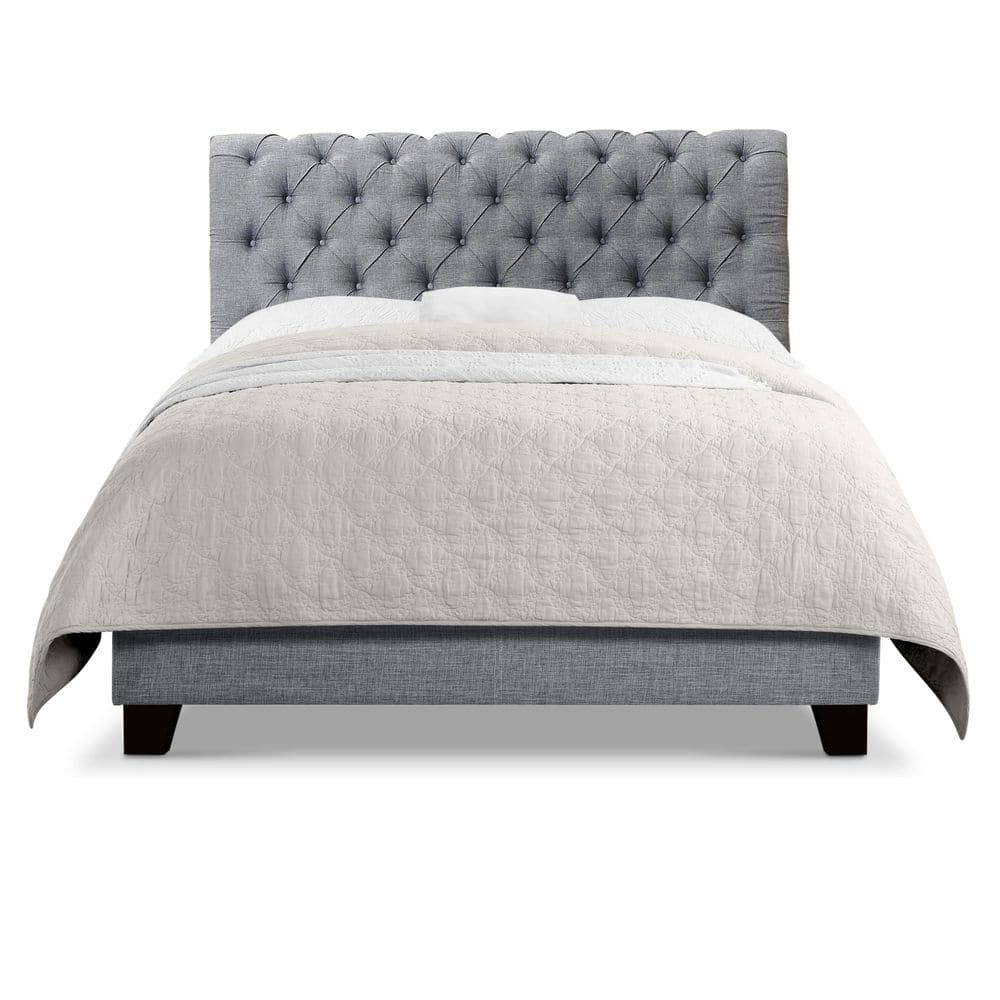 Clihome Modern Gray Solid Wood Frame Full Panel Bed with Button Tufted ...