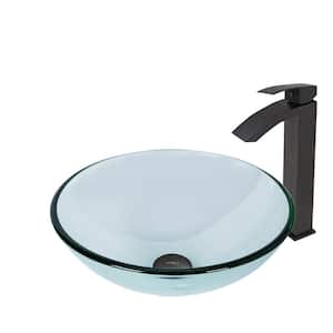 Glass Round Vessel Bathroom Sink in Iridescent with Duris Faucet and Pop-Up Drain in Matte Black