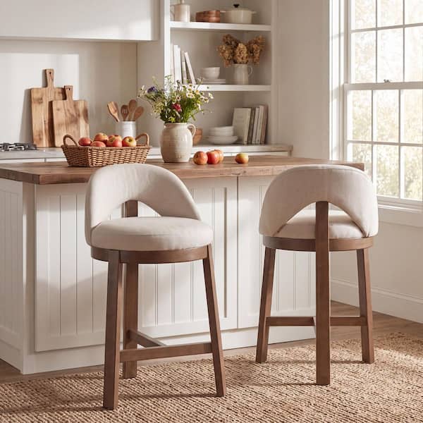 27 in. H Walnut Curved Back Solid Wood Counter Bar Stools with Beige Fabric Upholstered Seat, (Set of 2)