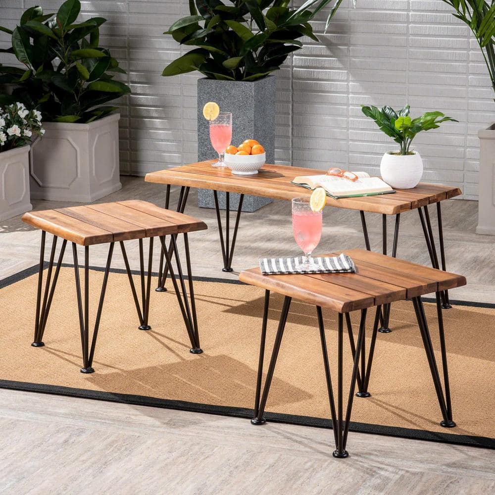 3 -Piece Teak Industrial Wood And Metal Coffee Table With Accent Table