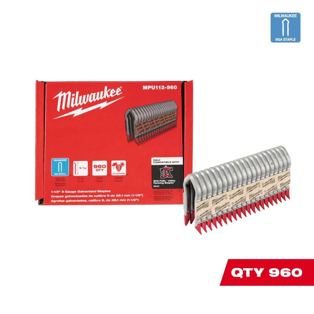 Milwaukee 1-1/2 in. 9-Gauge Galvanized Staples for M18 FUEL Utility Fencing  Stapler (960 Per Box) MPU112-960 The Home Depot