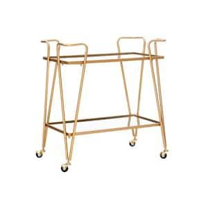 Winona Gold Finish Metal Bar Cart with Two Shelves and Casters