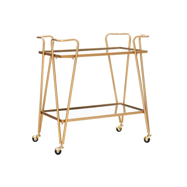 Linon Home Decor Winona Gold Finish Metal Bar Cart with Two Shelves and Casters