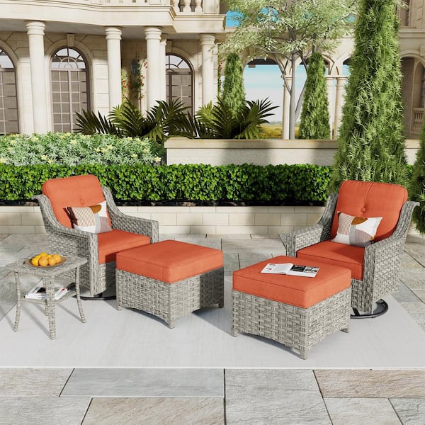 weaxty W Tulip E 5-Piece Wicker Swivel Outdoor Rocking Chairs Patio Conversation Set with Red Cushions