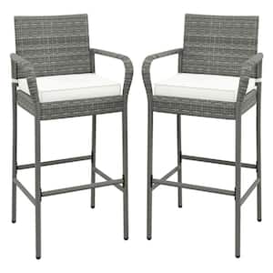 Wicker Outdoor Bar Stool Rattan Patio Bar Height Chairs with Off White Cushions (2-Pack)