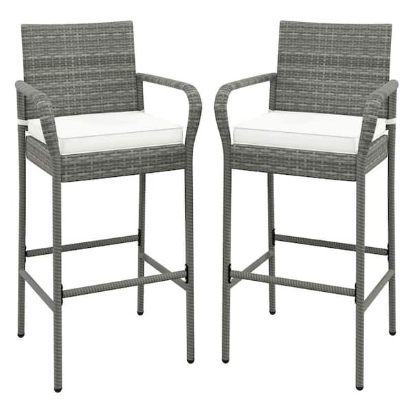 Gymax Wicker Outdoor Bar Stool Rattan Patio Bar Height Chairs with Off White Cushions (2-Pack)