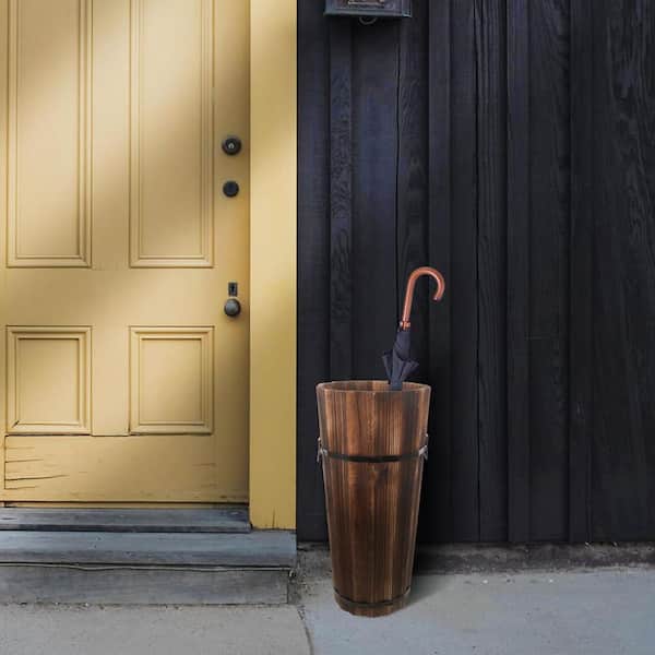 Rustic Style Brown Wood Umbrella Stand with Stable Base Multi-Purpose Storage for Entryway and Bathroom