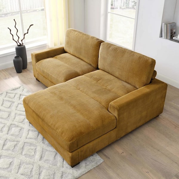 Monland Modern 90 in. Square Arm Polyester Corduroy Upholstery L-Shaped Chaise Deep-Seated 2-Pieces Sectional Sofa in Yellow