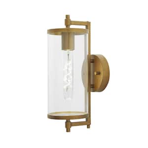 Lurelane 14 in. Medium Modern 1-Light Antique Brass Hardwired Outdoor Cylinder Wall Lantern Sconce