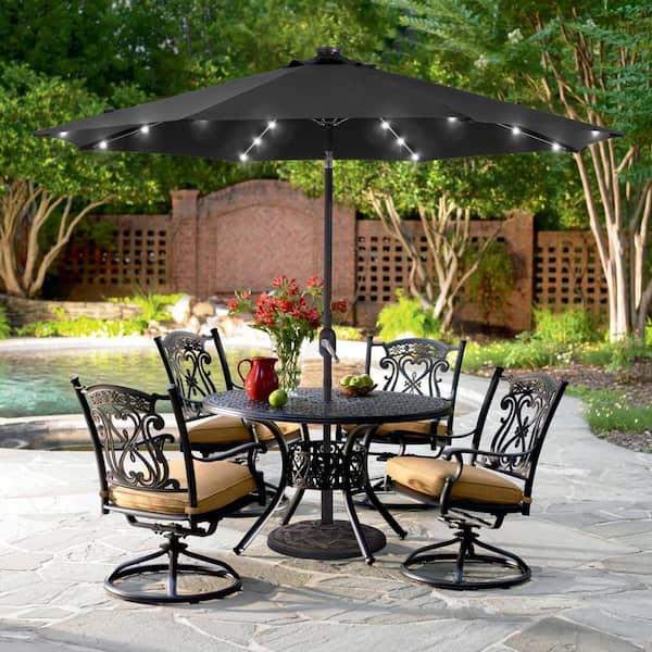 9 ft. Octagon Market Patio Umbrella Solar LED with Tilt Function Patio Market Umbrella in Dull Black