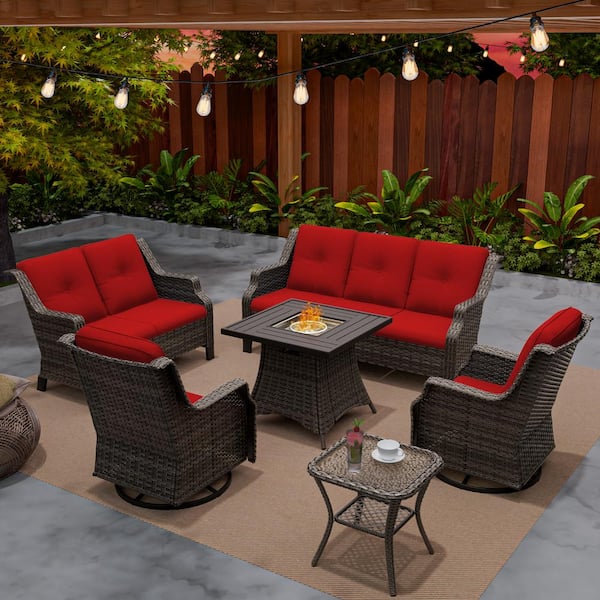 MeetLeisure 6-Piece Wicker Outdoor Patio Fire Pit Seating Sofa Conversation Set with Swivel Rocking Chairs and Red Cushions