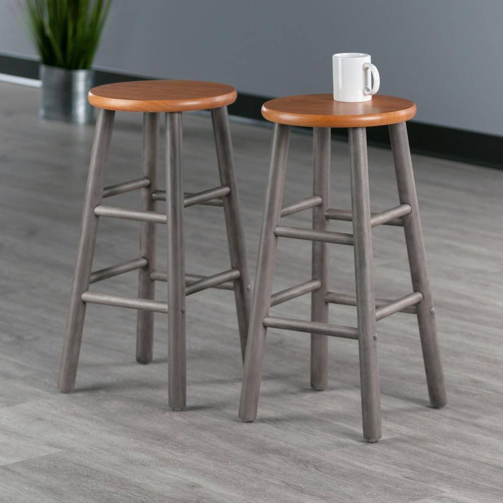 24" Gray and Teak Backless Wood Counter Stools Set