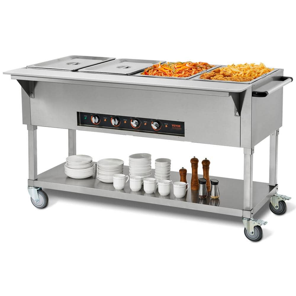 4-Pan Commercial Food Warmer 82.4 QT. Silver Stainless Steel 2000 Watt Buffet Specialty Flatware 4 Wheels (2 Lockable)