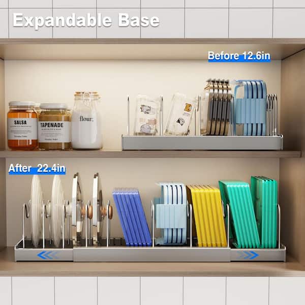 22 in. Expandable Under Cabinet Pots and Pans Organizer with 9 Adjustable Dividers for Countertop, Grey (2-Pack)