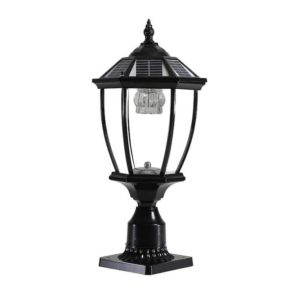 20 in. 1-Light Black Outdoor Lantern Wall Sconce Solar Powered LED Post Light with Glass Shade, No Bulbs (1-Pack)