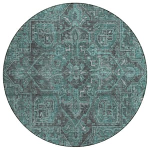 Chantille ACN571 Turquoise 8 ft. x 8 ft. Round Machine Washable Indoor/Outdoor Geometric Area Rug