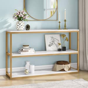 Turrella 43.3 in. White and Gold Rectangle Faux Marble Console Table Entry Table with 3-Tier Storage Shelves