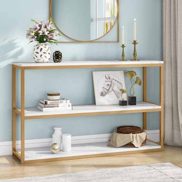 BYBLIGHT Turrella 43.3 in. White and Gold Rectangle Faux Marble Console Table Entry Table with 3-Tier Storage Shelves