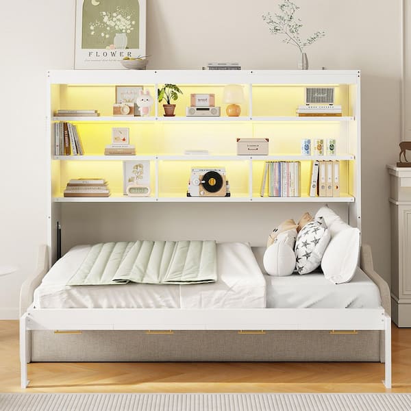 Harry Beige Wood Frame Full Size Murphy Bed with Folding Sofa, Built-in Storage Shelves, LED Light
