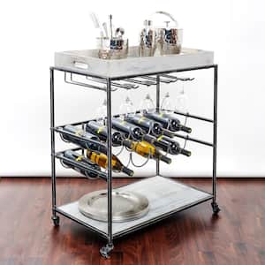 Avalon 28 in. x 16 in. x 32 in. Wine and Serving Cart in Antique Pewter, Barnwood Gray Stained Rubberwood