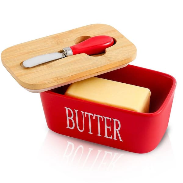 16 oz. Ceramic Butter Dish with Airtight Lid & Knife, White Butter Keeper Container with Silicone Sealing Ring, Red