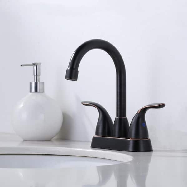 4 in. Centerset Double Handle High Arc Bathroom Faucet with Drain Kit and 360° Swivel Spout in Oil Rubbed Bronze
