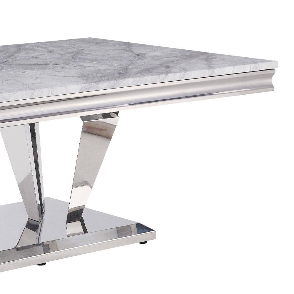 Elegant 54'' Light Grey Marble & Mirrored Silver Coffee Table