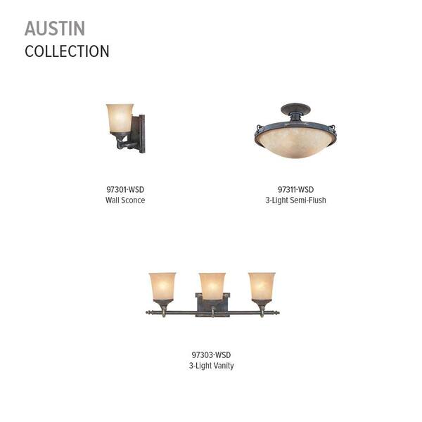 Designers Fountain - Austin 16.25 in. 3-Light Weathered Saddle Rustic Entryway Semi-Flush Mount with Satin Crepe Glass Shade