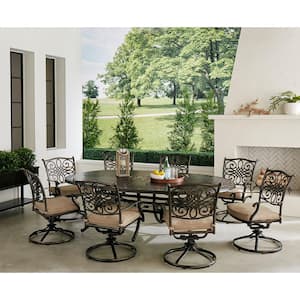 Traditions 9-Piece Aluminum Outdoor Dining Set with Tan Cushions, 8 Swivel Rockers and Oval Cast-Top Table