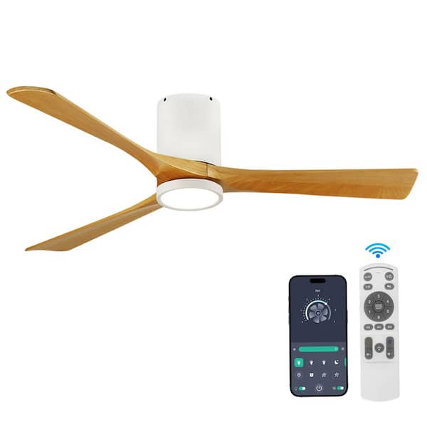 42 in. Smart White 6-Speed Solid Wood Brown Blade Flush Mount Ceiling Fan with 3-Color LED Light and APP, Remote Control