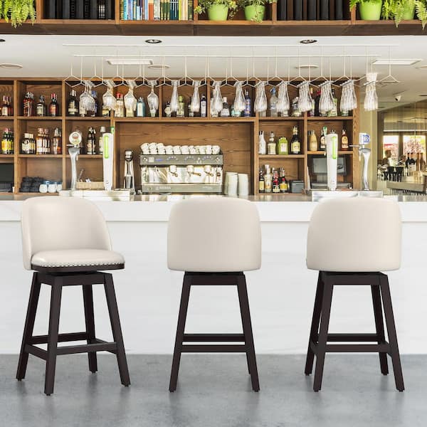 OrangeOne Meliodas 26 in. Antique White Faux Leather Cushioned Dark Brown Solid Wood Leg Counter Height Swivel Barstool (Set of 3)
