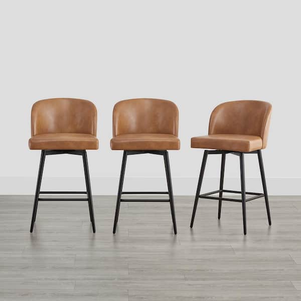 26 in. Cynthia Cognac Brown High Back Metal Swivel Counter Stool with Faux Leather Seat (Set of 3)