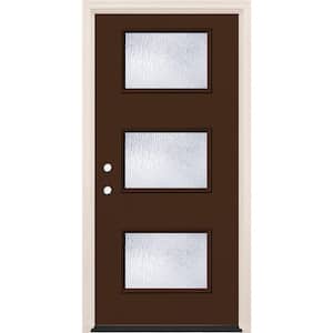 36 in. x 80 in. Right-Hand/Inswing 3-Lite Rain Glass Chestnut Painted Fiberglass Prehung Front Door w/4-9/16 in. Frame