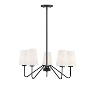 25.75 in. W x 12 in. H 5-Light Matte Black Chandelier with Conical White Glass Shades