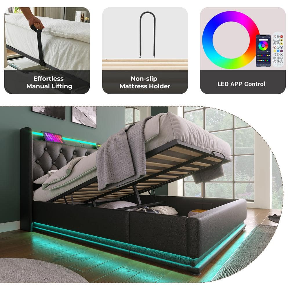 Black Wood and Metal Frame Upholstered PU Queen Platform Bed with Hydraulic Storage, USB Charging and 360° LED Light - thumbnail 10