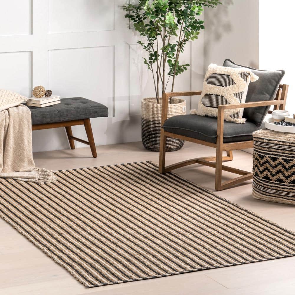 Ivory and Black Striped Cotton and Seagrass Rectangular Rug, 5' x 8'