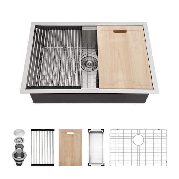 28 in. Undermount Single Bowl 18 Gauge Stainless Steel Workstation Kitchen Sink with Bottom Grid
