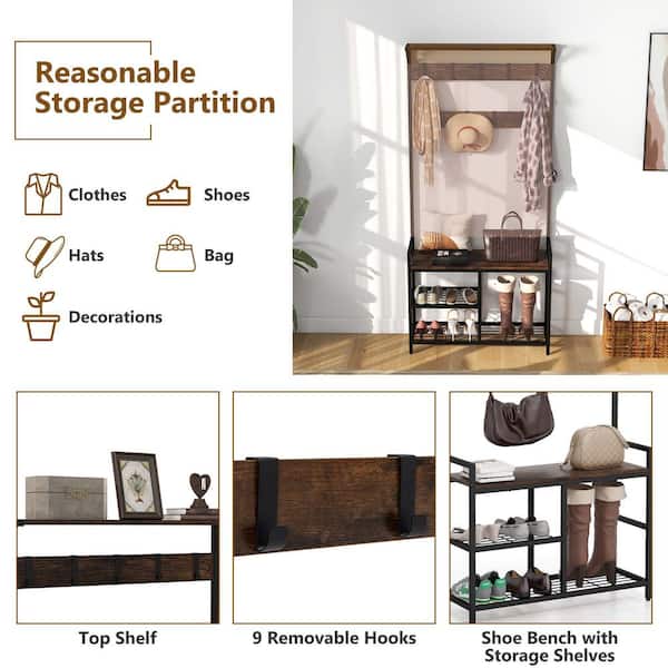 Costway Rustic Brown 71 in. Coat Rack Hall Tree with Shoe