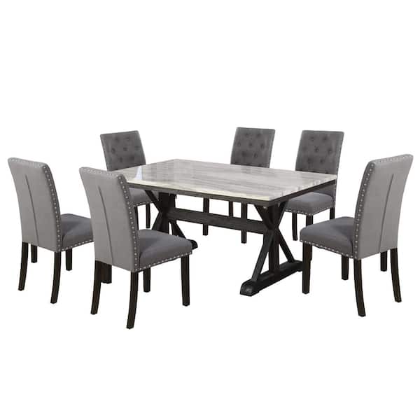 Best Quality Furniture Gema 7-Piece Faux Marble Dining Set Gray Fabric Chairs.