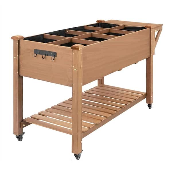 Unbranded 55.5 in. x 24 in. x 32 in. Brown Rectangular Raised Garden Bed with Lockable Wheels Mobile Elevated Wood Planter Storage
