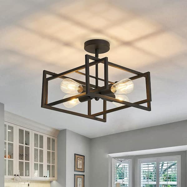 18.89 in. 4-Light Matte Black Cage Industrial Flush Mount Ceiling Light Fixture for Kitchen Island Dining Room Hallway