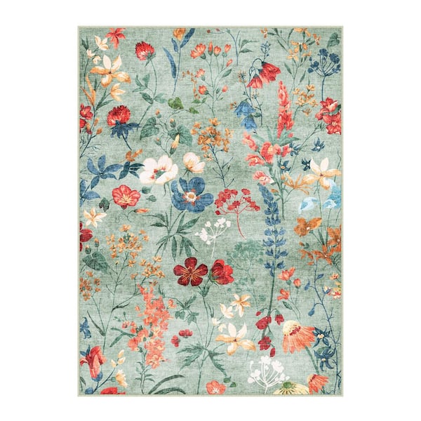 April Green 6 ft. x 9 ft. Floral Washable Area Rug