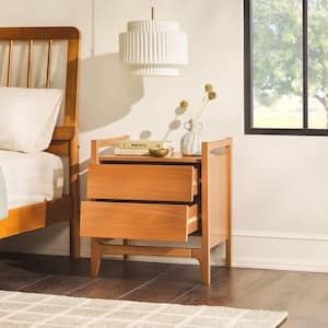 2-Drawer Caramel Solid Wood Modern Nightstand with Angled Drawers