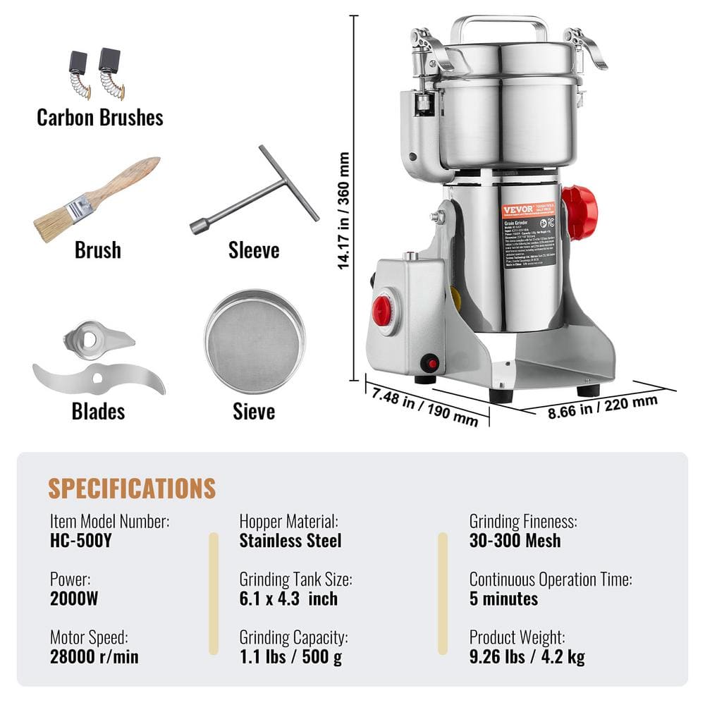 VEVOR 500g Silver Stainless Steel Electric Grain Mill Grinder